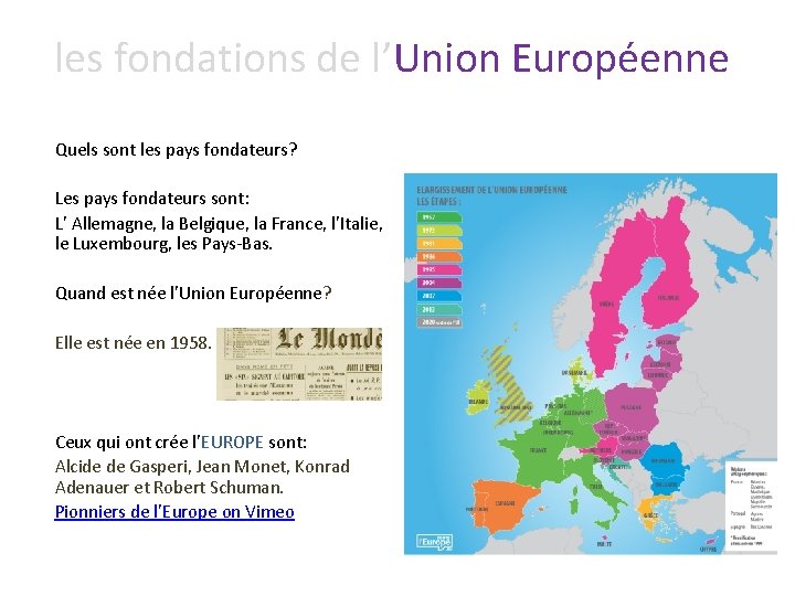 les fondations de l’Union Européenne Quels sont les pays fondateurs? Les pays fondateurs sont: