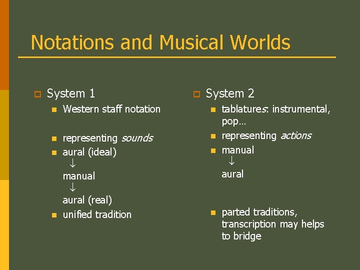 Notations and Musical Worlds p System 1 p System 2 n Western staff notation
