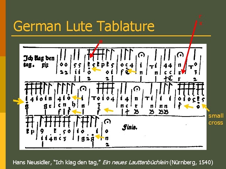 German Lute Tablature r x e small cross Hans Neusidler, “Ich klag den tag,