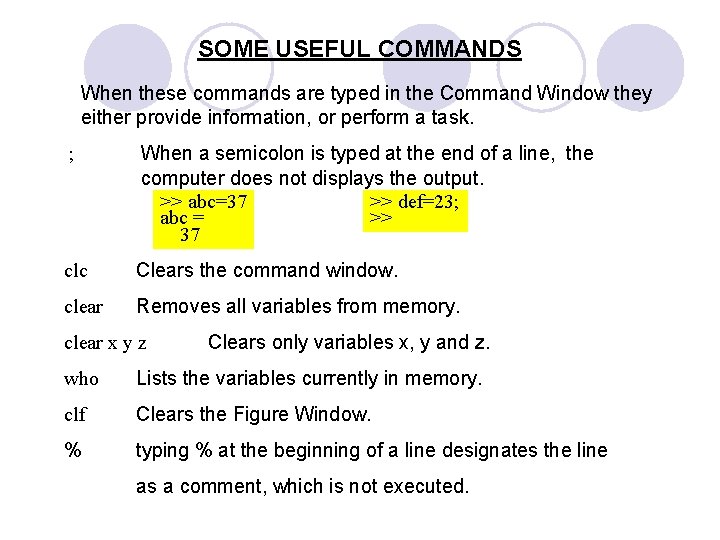 SOME USEFUL COMMANDS When these commands are typed in the Command Window they either