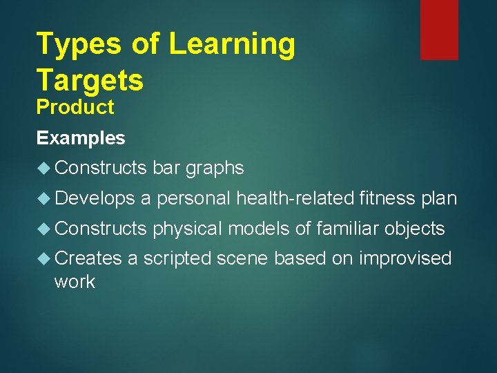 Types of Learning Targets Product Examples Constructs Develops a personal health-related fitness plan Constructs