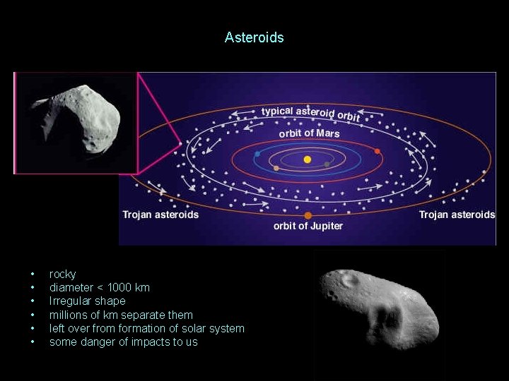 Asteroids • • • rocky diameter < 1000 km Irregular shape millions of km