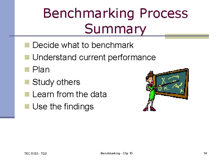 Benchmarking Process Summary n Decide what to benchmark n Understand current performance n Plan