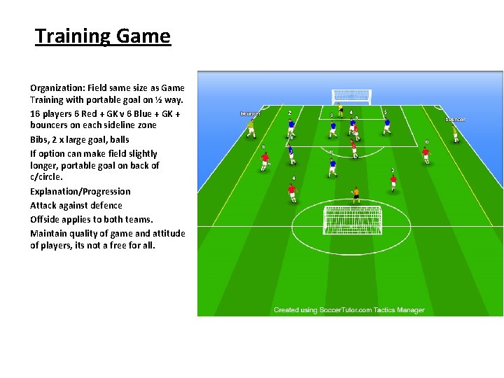 Training Game Organization: Field same size as Game Training with portable goal on ½