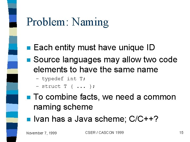 Problem: Naming n n Each entity must have unique ID Source languages may allow