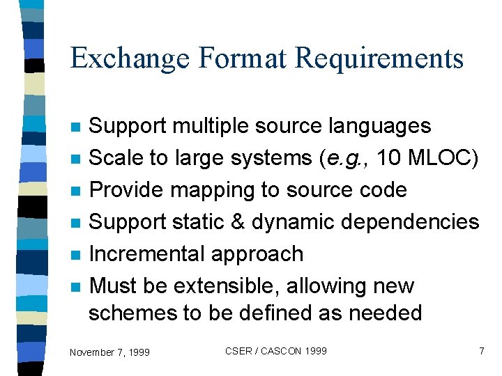 Exchange Format Requirements n n n Support multiple source languages Scale to large systems