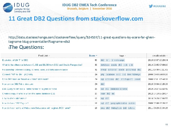11 Great DB 2 Questions from stackoverflow. com http: //data. stackexchange. com/stackoverflow/query/524537/11 -great-questions-by-score-for-giventagname-idug-presentation? tagname=db