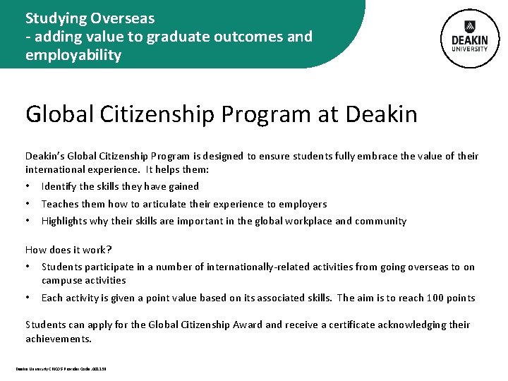 Studying Overseas - adding value to graduate outcomes and employability Global Citizenship Program at