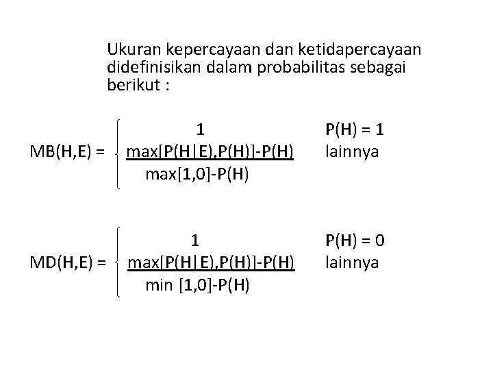 Ukuran kepercayaan dan ketidapercayaan didefinisikan dalam probabilitas sebagai berikut : MB(H, E) = 1