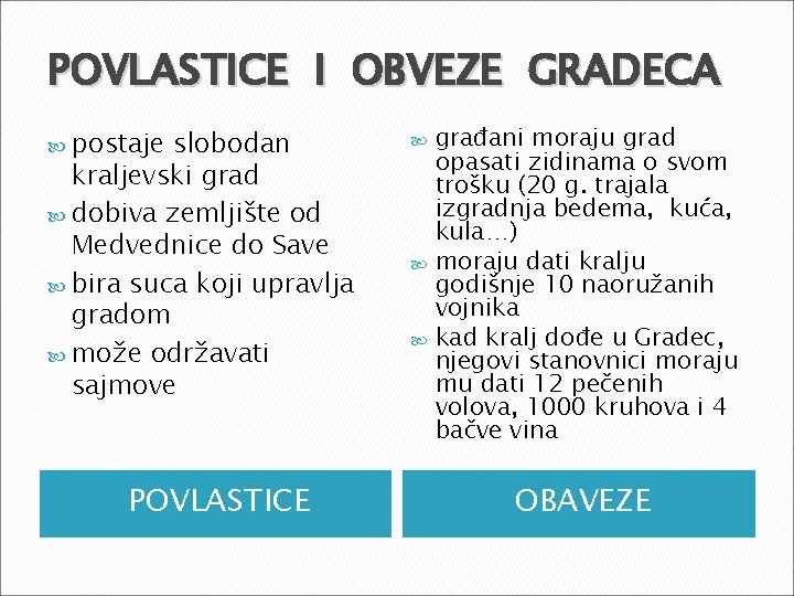 POVLASTICE I OBVEZE GRADECA postaje slobodan kraljevski grad dobiva zemljište od Medvednice do Save