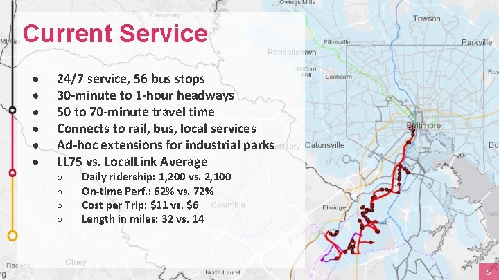 Current Service ● ● ● 24/7 service, 56 bus stops 30 -minute to 1