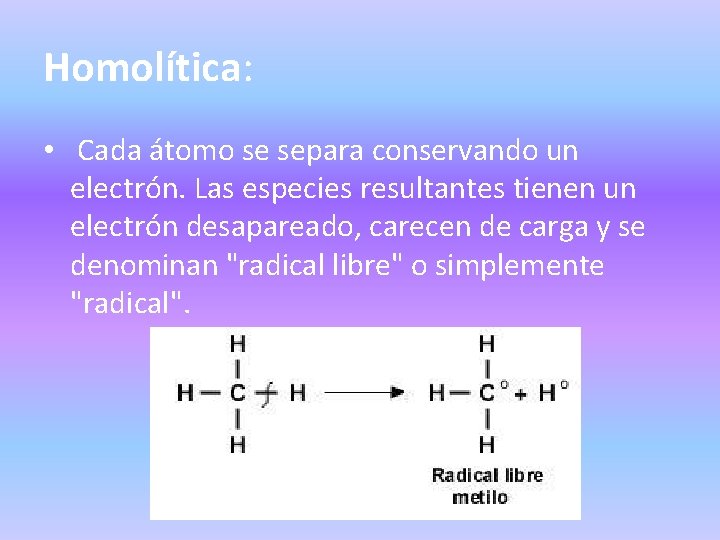 Homolítica: • Cada átomo se separa conservando un electrón. Las especies resultantes tienen un