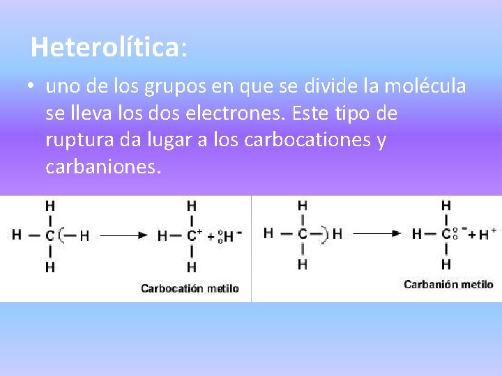 Heterolítica: • uno de los grupos en que se divide la molécula se lleva