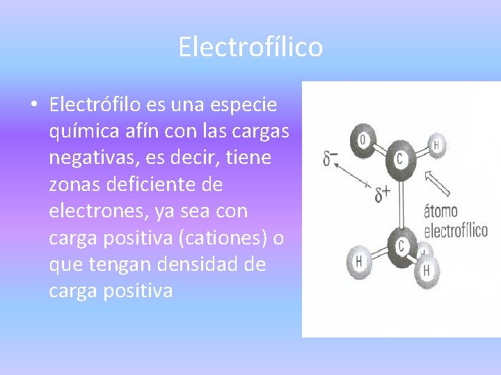 Electrofílico • Electrófilo es una especie química afín con las cargas negativas, es decir,