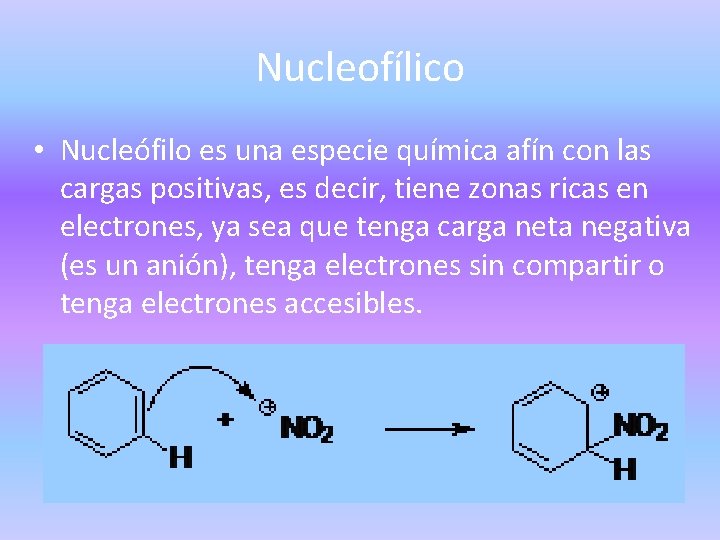 Nucleofílico • Nucleófilo es una especie química afín con las cargas positivas, es decir,
