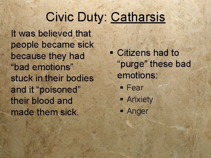 Civic Duty: Catharsis It was believed that people became sick because they had “bad