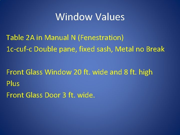 Window Values Table 2 A in Manual N (Fenestration) 1 c-cuf-c Double pane, fixed Window Values Table 2 A in Manual N (Fenestration) 1 c-cuf-c Double pane, fixed
