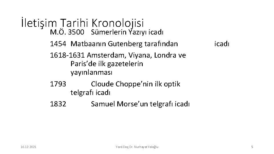 İletişim Tarihi Kronolojisi M. Ö. 3500 Sümerlerin Yazıyı icadı 1454 Matbaanın Gutenberg tarafından 1618