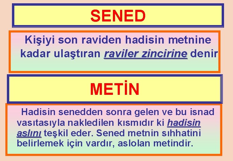 SENED Kişiyi son raviden hadisin metnine kadar ulaştıran raviler zincirine denir METİN Hadisin senedden