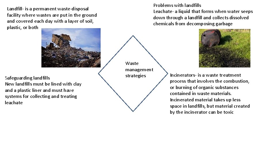 Landfill- is a permanent waste-disposal facility where wastes are put in the ground and