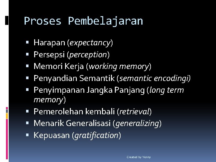 Proses Pembelajaran Harapan (expectancy) Persepsi (perception) Memori Kerja (working memory) Penyandian Semantik (semantic encodingi)