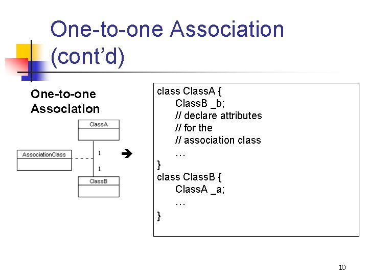 One-to-one Association (cont’d) One-to-one Association class Class. A { Class. B _b; // declare