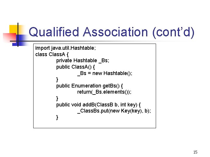 Qualified Association (cont’d) import java. util. Hashtable; class Class. A { private Hashtable _Bs;