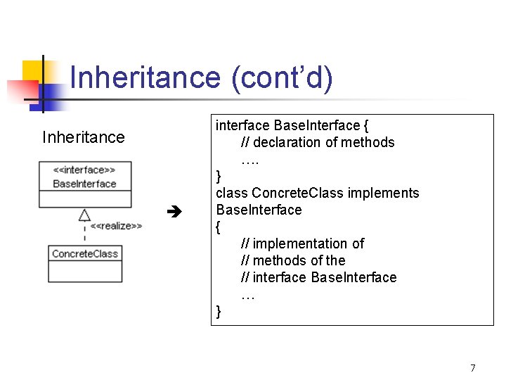 Inheritance (cont’d) Inheritance interface Base. Interface { // declaration of methods …. } class