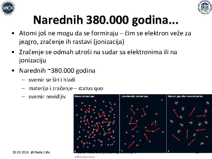 Narednih 380. 000 godina. . . • Atomi još ne mogu da se formiraju