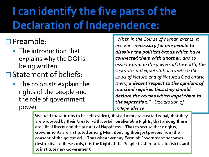 I can identify the five parts of the Declaration of Independence: � Preamble: The