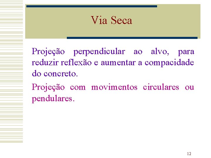 Via Seca Projeção perpendicular ao alvo, para reduzir reflexão e aumentar a compacidade do