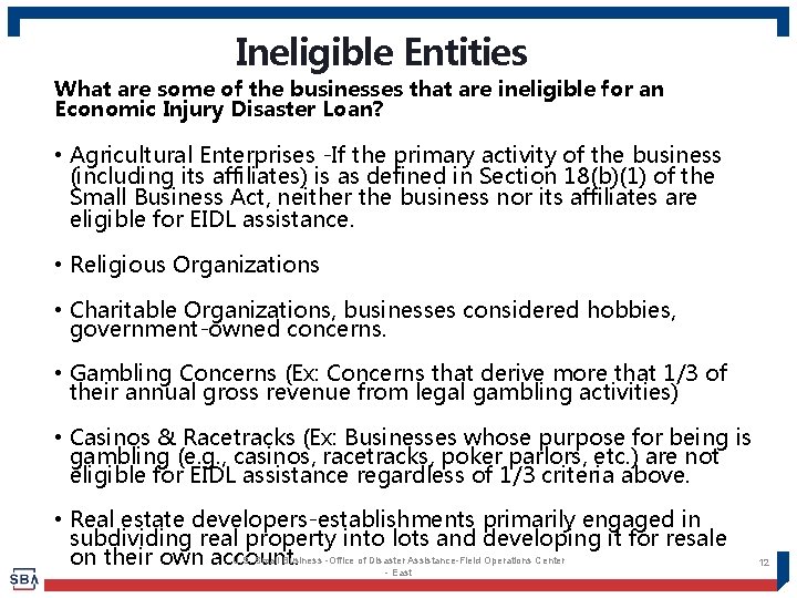 Ineligible Entities What are some of the businesses that are ineligible for an Economic