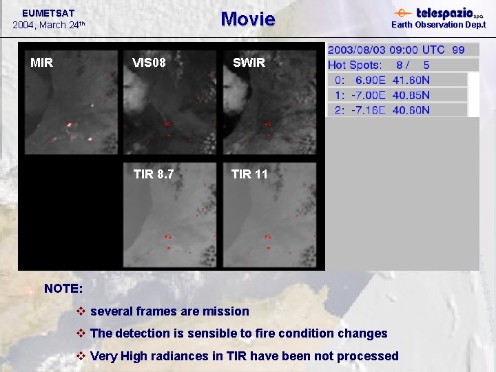 EUMETSAT 2004, March 24 th MIR Movie VIS 08 SWIR TIR 8. 7 TIR EUMETSAT 2004, March 24 th MIR Movie VIS 08 SWIR TIR 8. 7 TIR