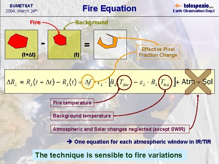 EUMETSAT 2004, March 24 th Fire Equation Fire Background (t+Dt) Earth Observation Dep. t EUMETSAT 2004, March 24 th Fire Equation Fire Background (t+Dt) Earth Observation Dep. t
