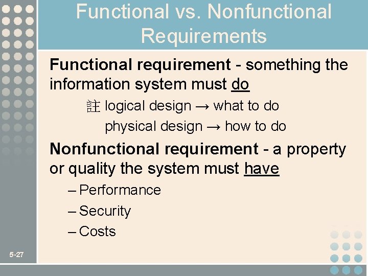 Functional vs. Nonfunctional Requirements Functional requirement - something the information system must do 註