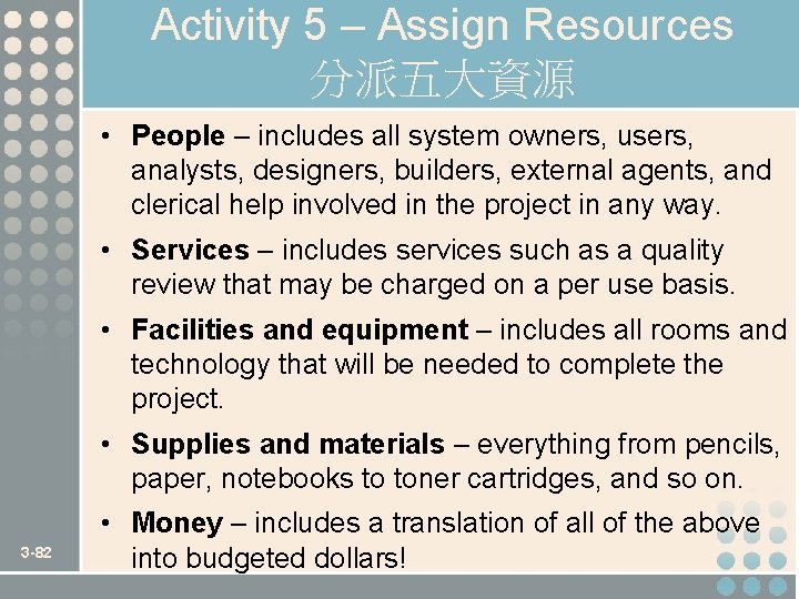 Activity 5 – Assign Resources 分派五大資源 • People – includes all system owners, users,