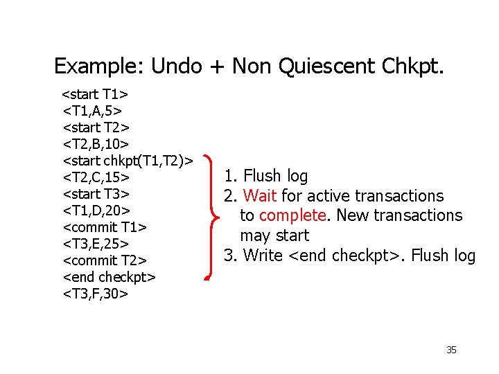 Example: Undo + Non Quiescent Chkpt. <start T 1> <T 1, A, 5> <start