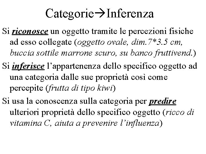 Categorie Inferenza Si riconosce un oggetto tramite le percezioni fisiche ad esso collegate (oggetto