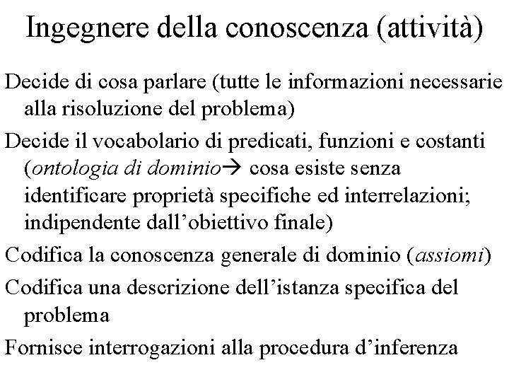 Ingegnere della conoscenza (attività) Decide di cosa parlare (tutte le informazioni necessarie alla risoluzione