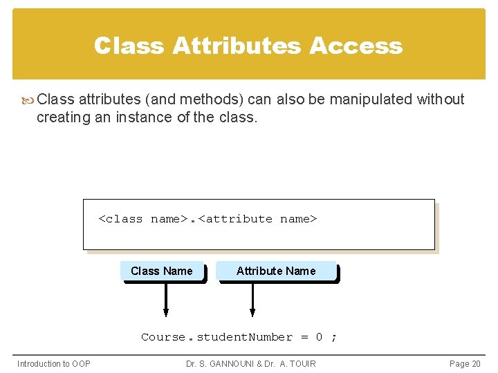 Class Attributes Access Class attributes (and methods) can also be manipulated without creating an