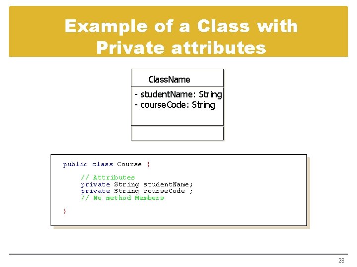 Example of a Class with Private attributes Class. Name - student. Name: String -