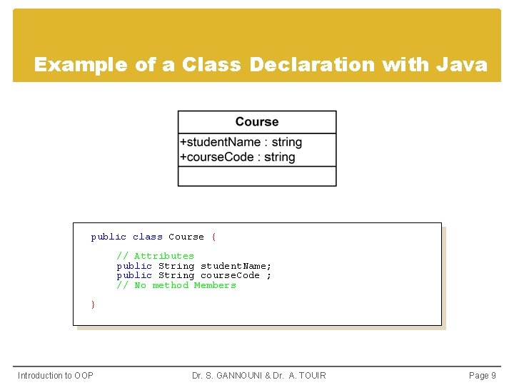 Example of a Class Declaration with Java public class Course { // Attributes public