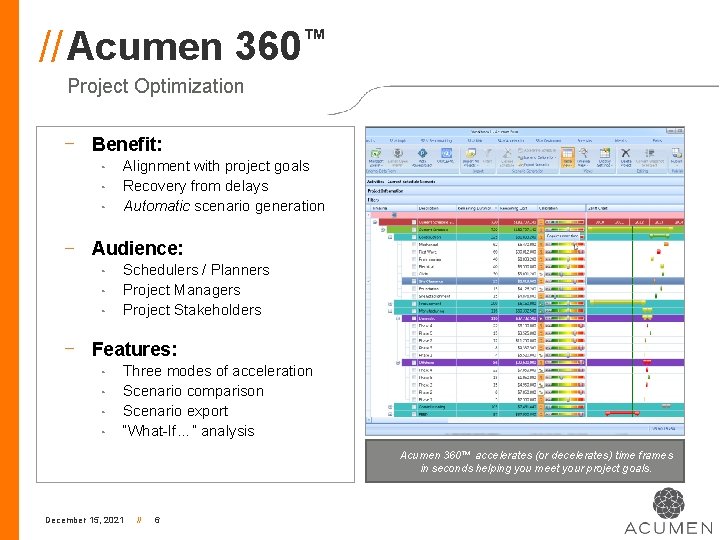 // Acumen 360™ Project Optimization Benefit: ◦ ◦ ◦ Alignment with project goals Recovery