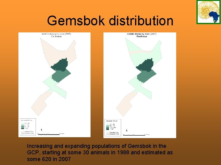 Gemsbok distribution Increasing and expanding populations of Gemsbok in the GCP, starting at some