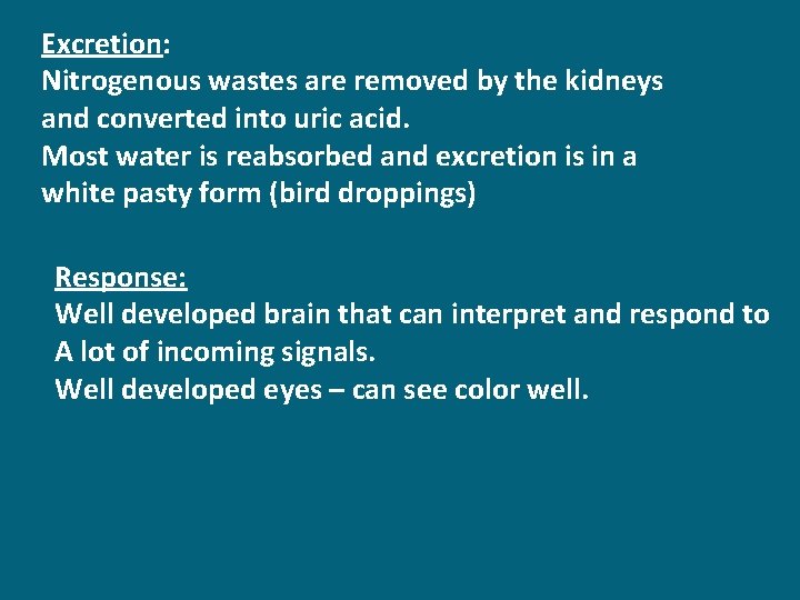 Excretion: Nitrogenous wastes are removed by the kidneys and converted into uric acid. Most