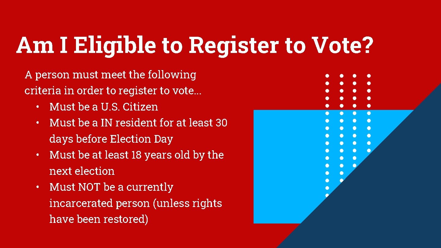 Am I Eligible to Register to Vote? A person must meet the following criteria