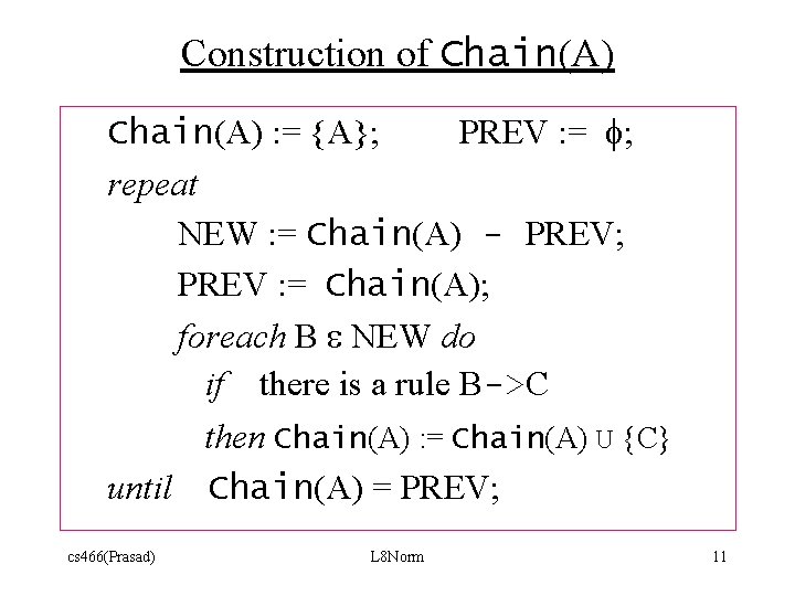Construction of Chain(A) : = {A}; PREV : = f; repeat NEW : =
