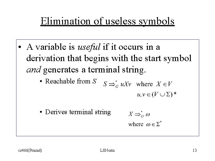 Elimination of useless symbols • A variable is useful if it occurs in a