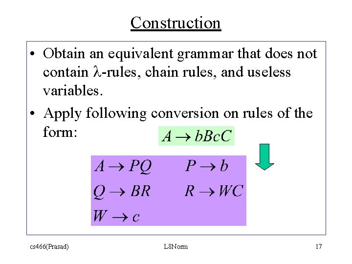 Construction • Obtain an equivalent grammar that does not contain l-rules, chain rules, and