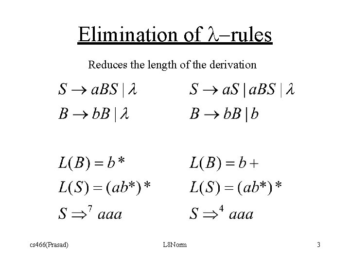 Elimination of l-rules Reduces the length of the derivation cs 466(Prasad) L 8 Norm